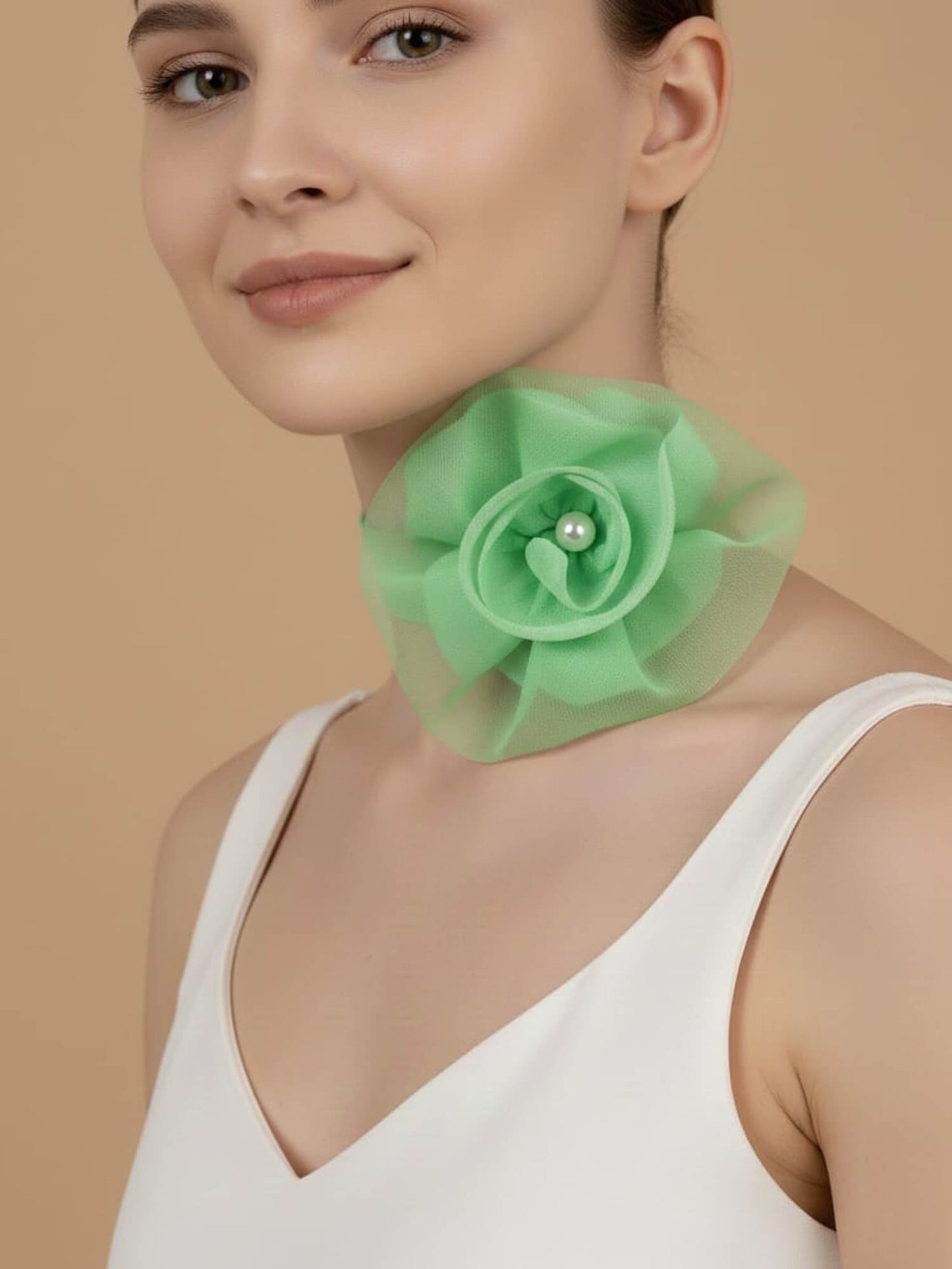 Green Organza Flower Choker with Pearl