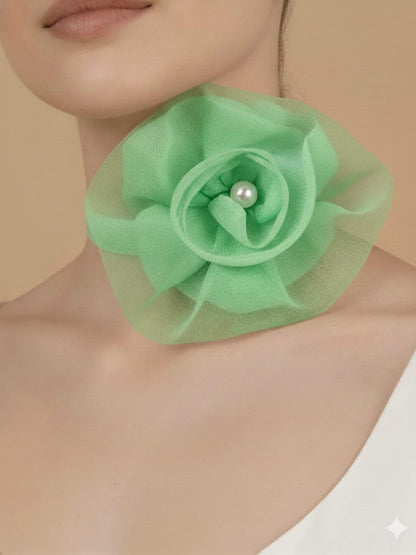 Green Organza Flower Choker with Pearl