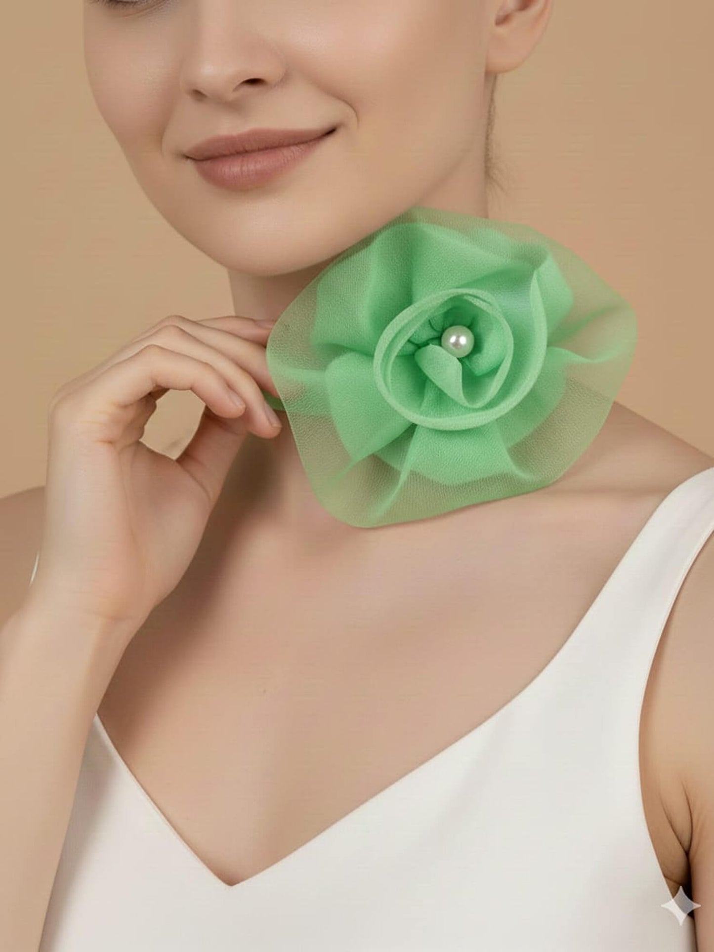 Green Organza Flower Choker with Pearl