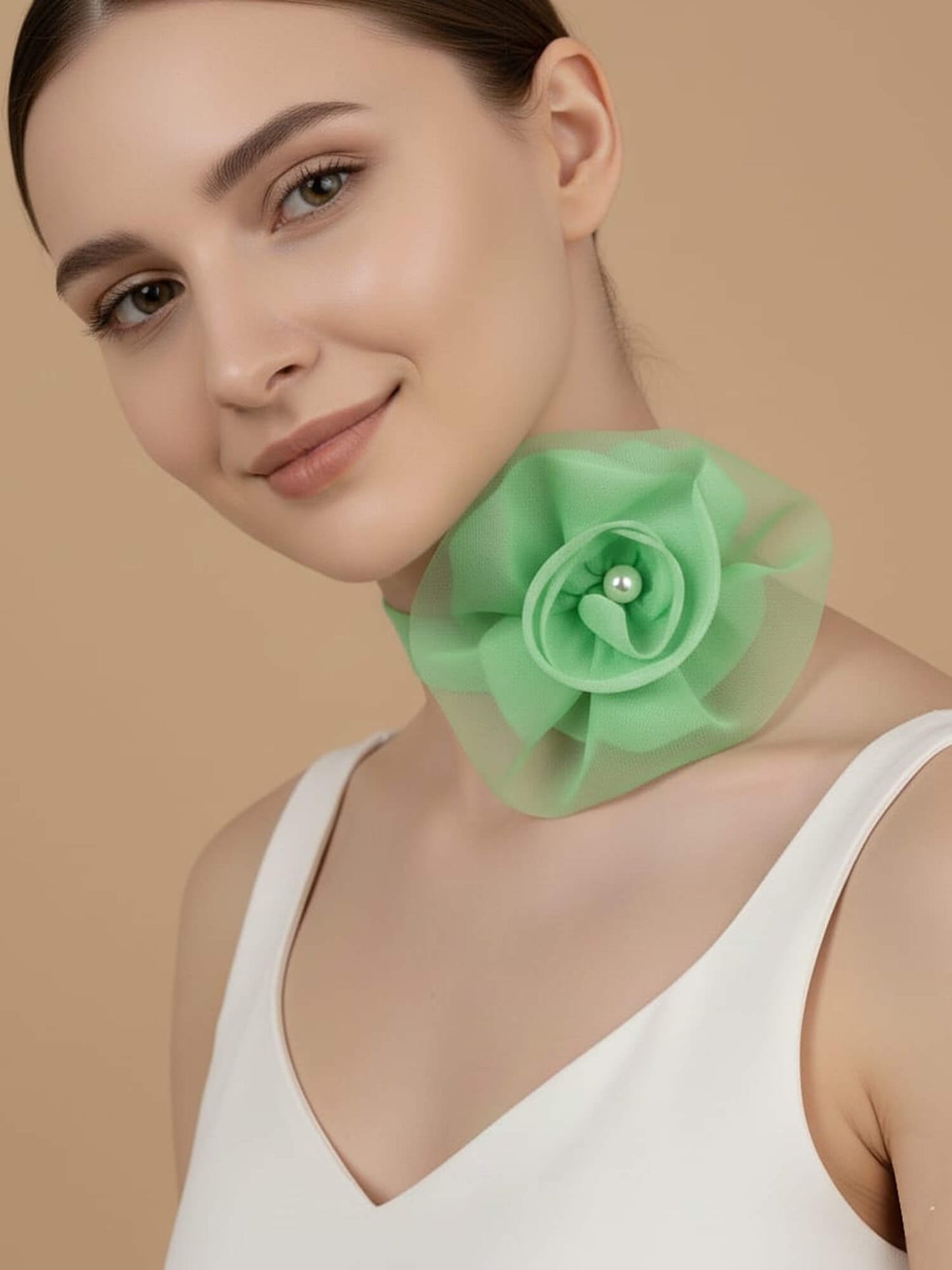 Green Organza Flower Choker with Pearl