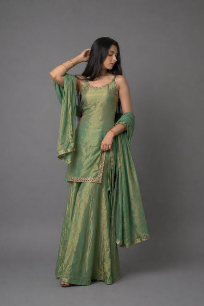 Green 3-Piece Ethnic Set in Fandy Fabric