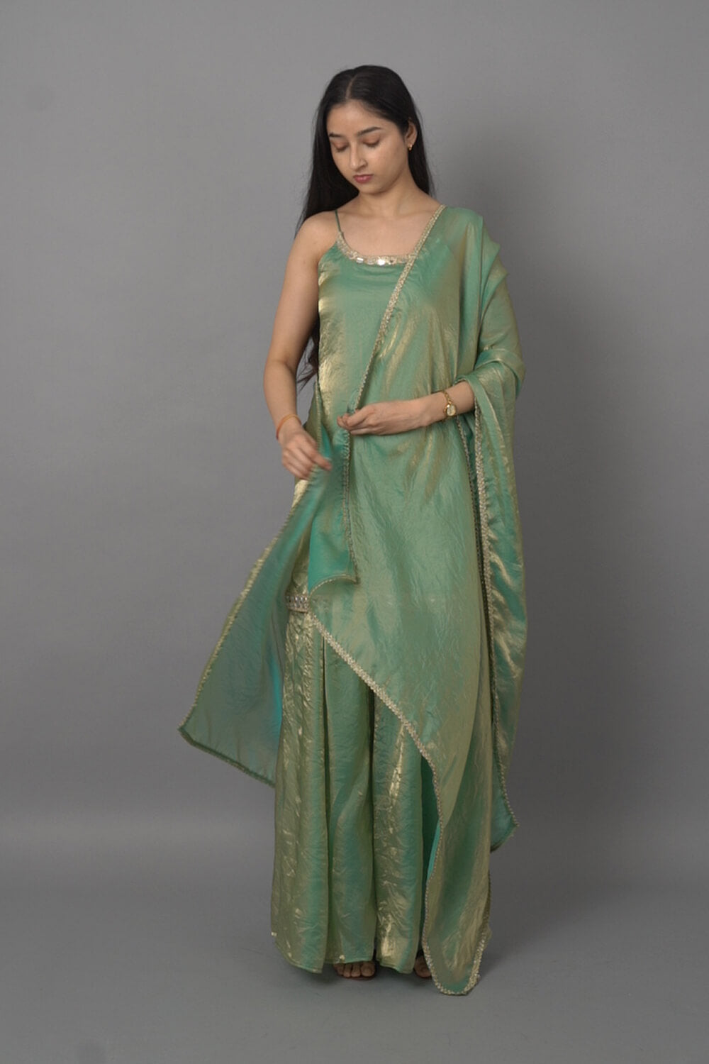 Green 3-Piece Ethnic Set in Fandy Fabric