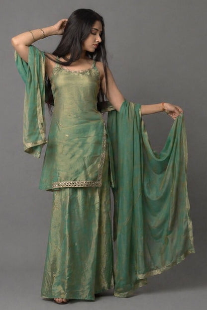 Green 3-Piece Ethnic Set in Fandy Fabric