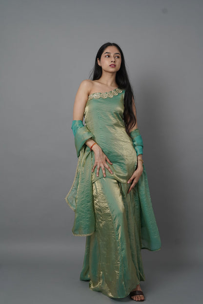 Green One Shoulder Anarkali Suit with Dupatta