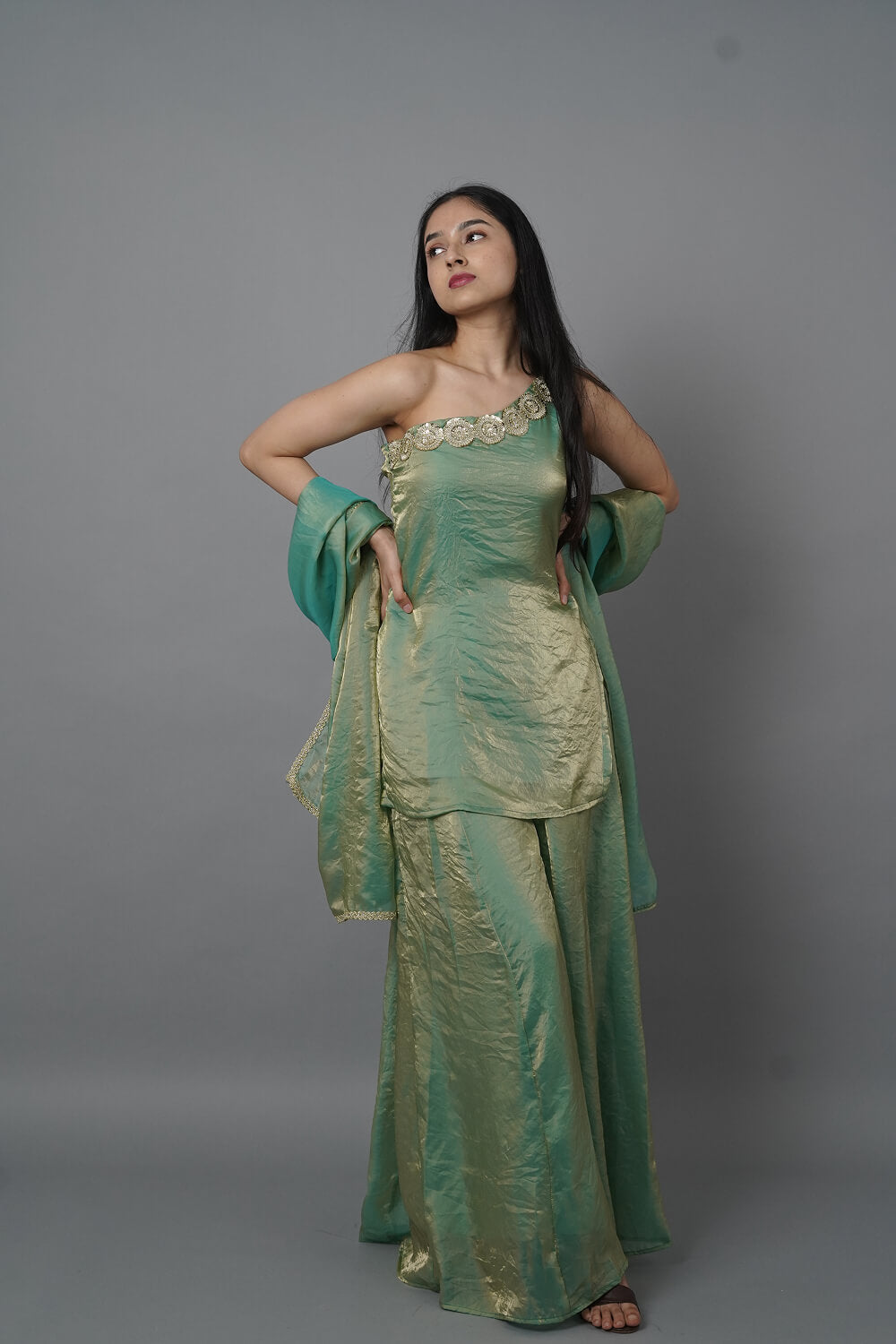 Green One Shoulder Anarkali Suit with Dupatta