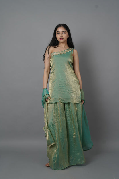 Green One Shoulder Anarkali Suit with Dupatta