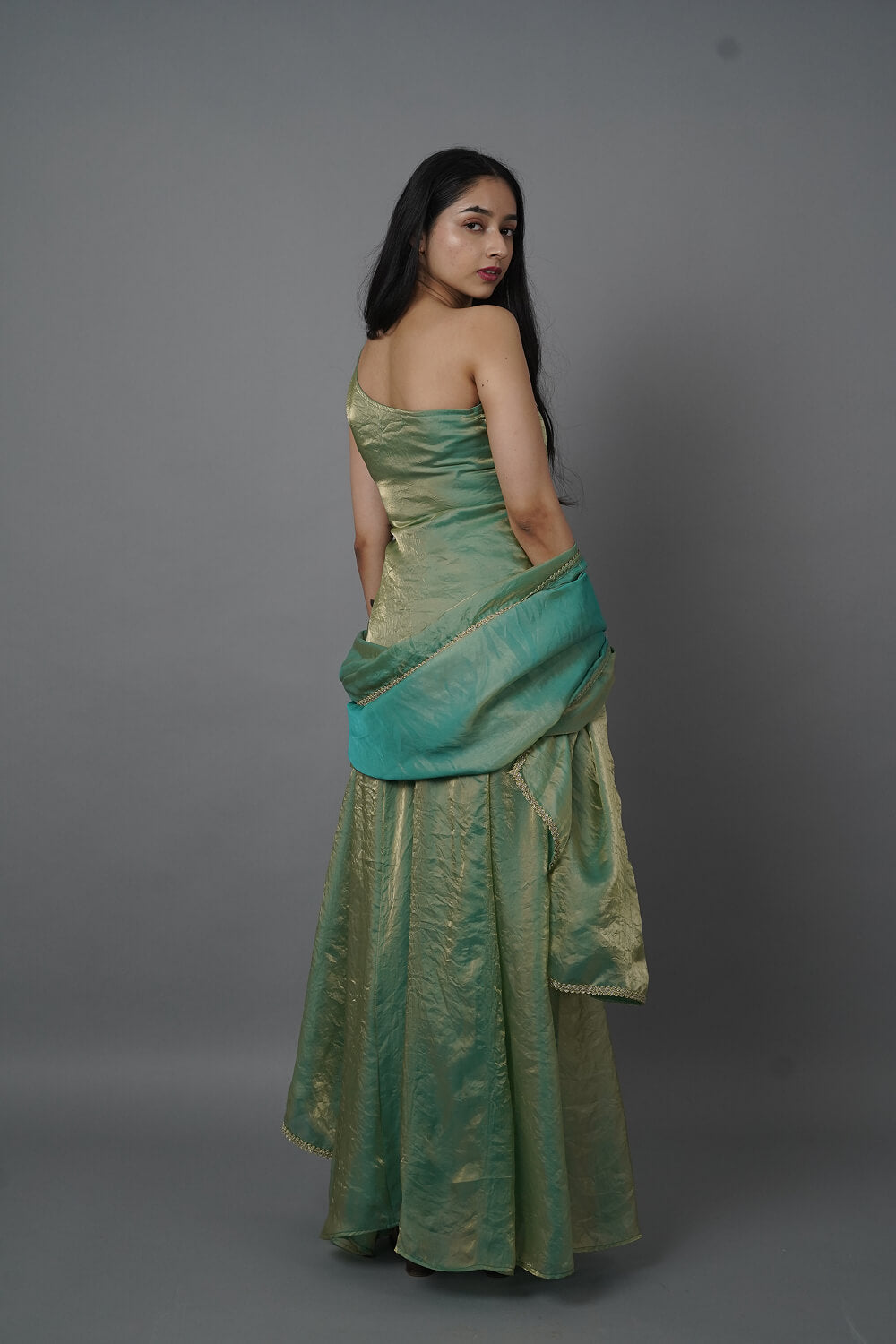 Green One Shoulder Anarkali Suit with Dupatta