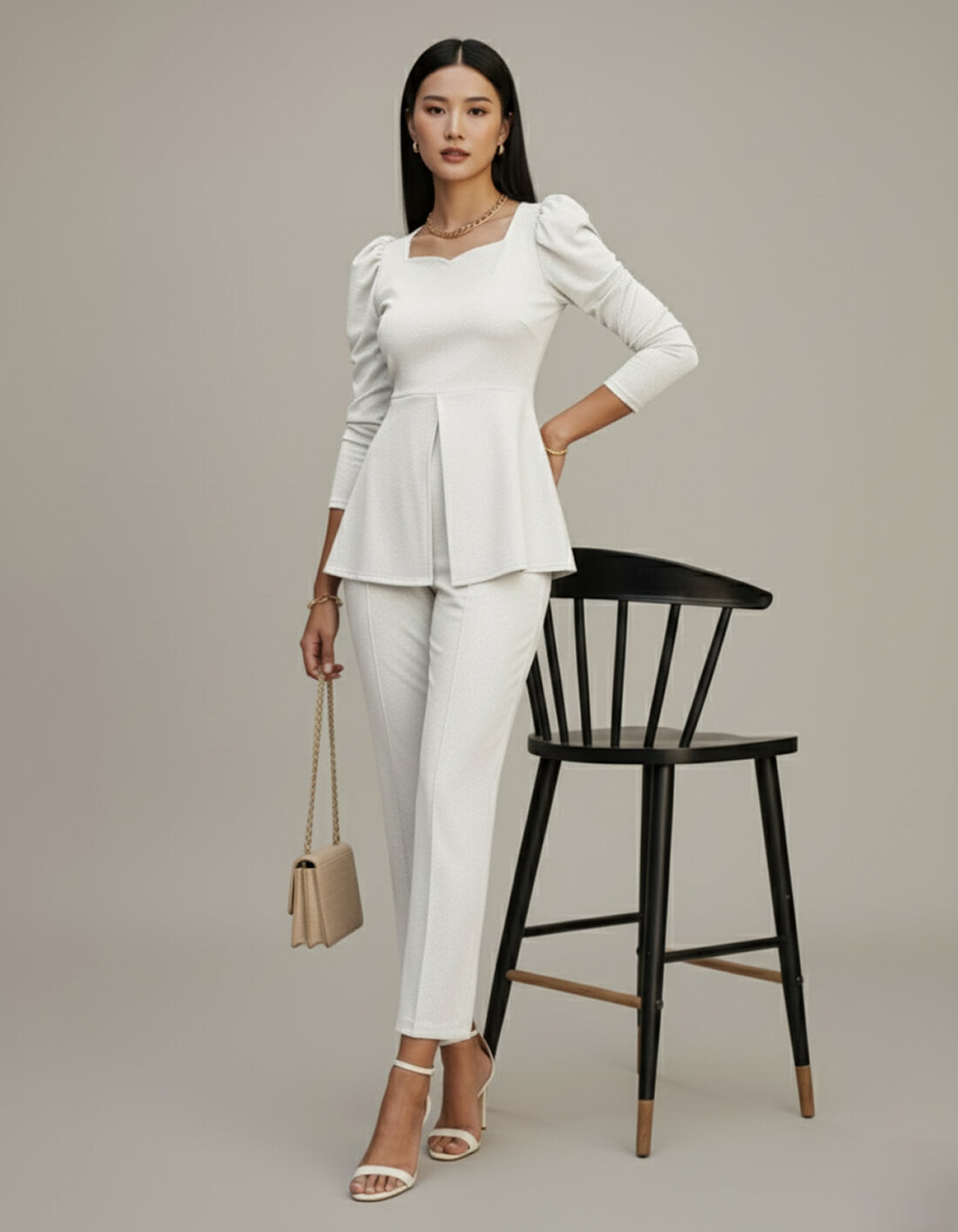 White Solid Puff Sleeve Jumpsuit