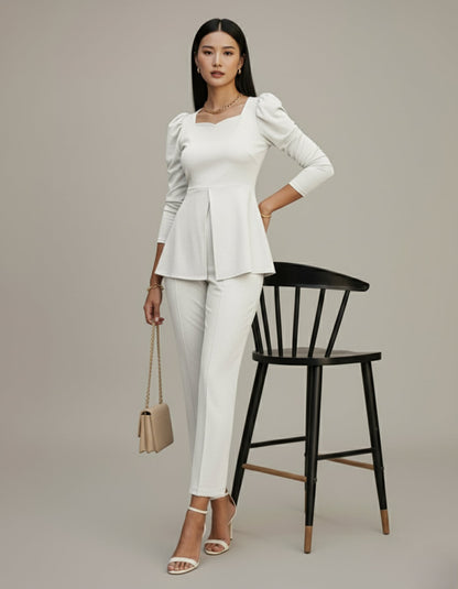 White Solid Puff Sleeve Jumpsuit