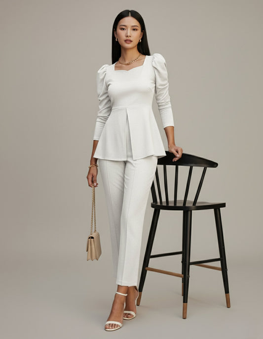 White Solid Puff Sleeve Jumpsuit