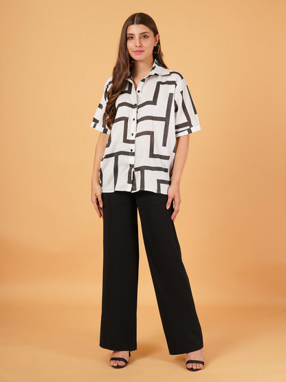 Off-White Linen Block Print Half-Sleeve Shirt