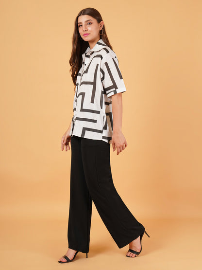 Off-White Linen Block Print Half-Sleeve Shirt