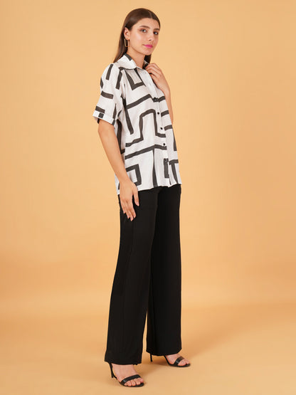 Off-White Linen Block Print Half-Sleeve Shirt