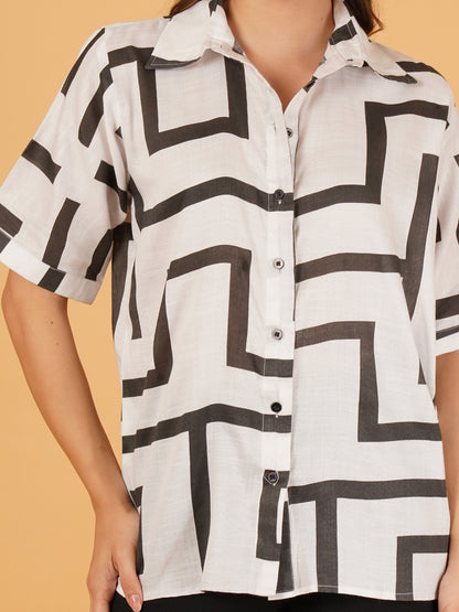 Off-White Linen Block Print Half-Sleeve Shirt