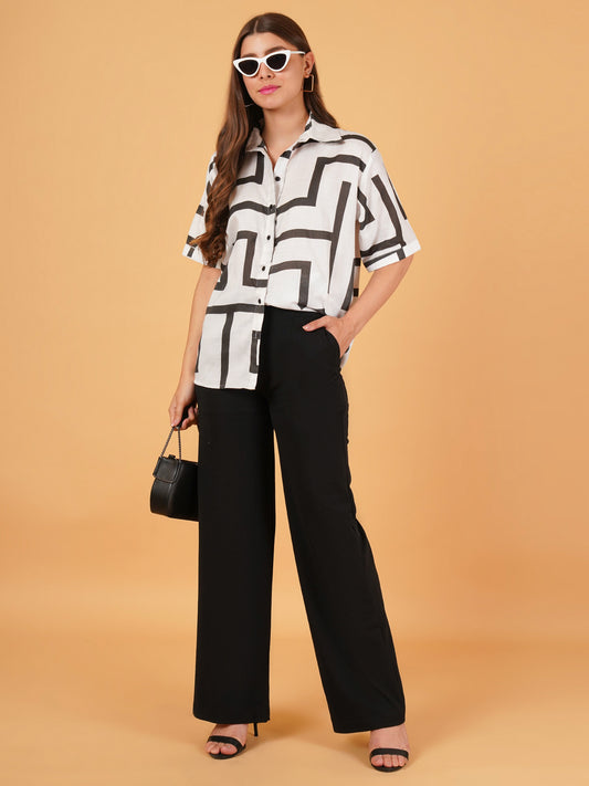 Off-White Linen Block Print Half-Sleeve Shirt