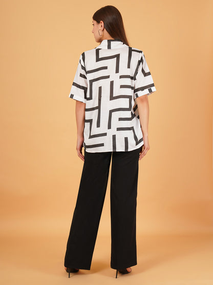 Off-White Linen Block Print Half-Sleeve Shirt