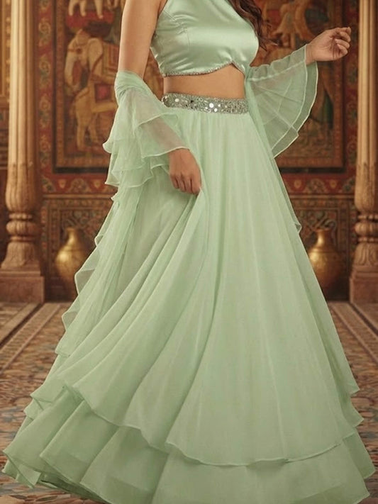 Mint Green Organza Halter Neck Lehenga Set