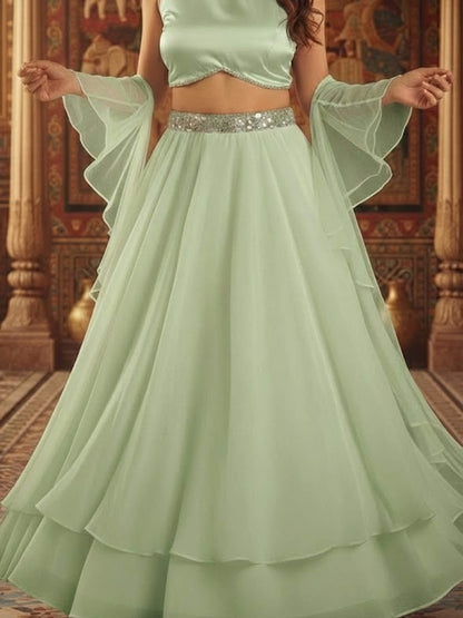 Mint Green Organza Halter Neck Lehenga Set