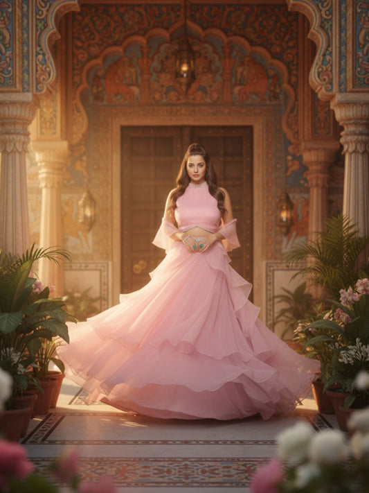 Pink Organza Halter Neck Lehenga Set