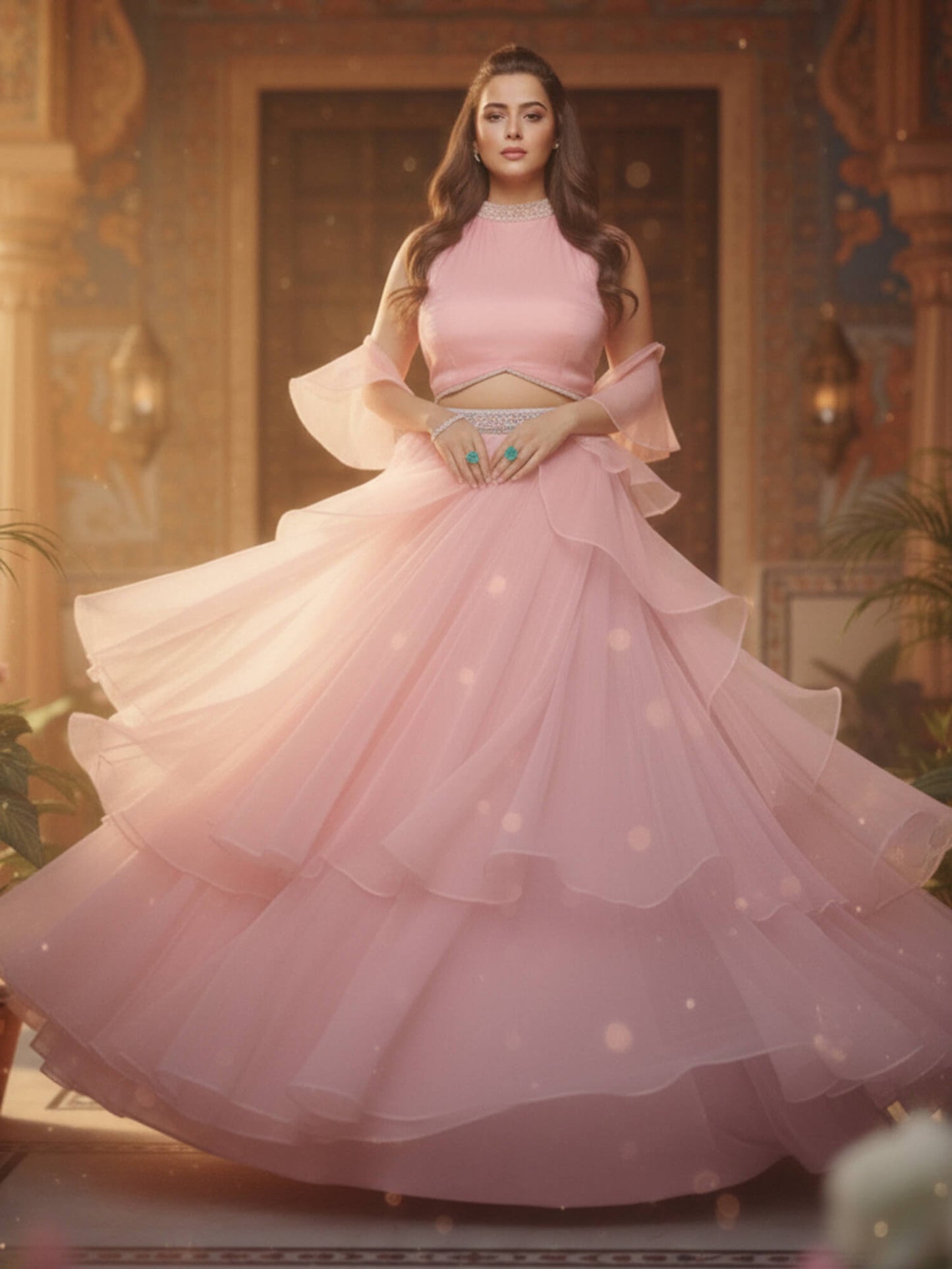 Pink Organza Halter Neck Lehenga Set