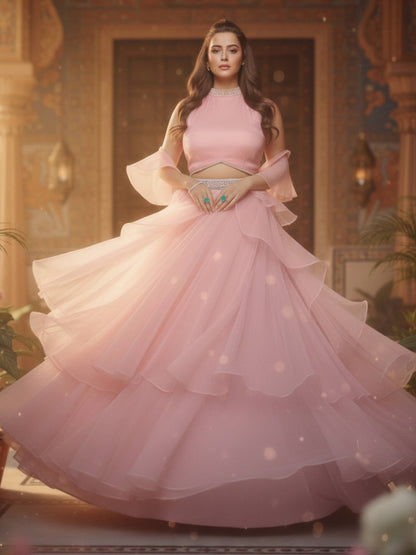 Pink Organza Halter Neck Lehenga Set