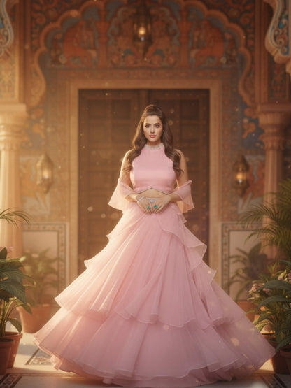 Pink Organza Halter Neck Lehenga Set