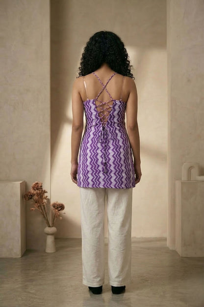 Purple Halter-Neck Sleeveless Kurti with White Pant