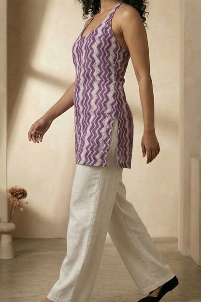 Purple Halter-Neck Sleeveless Kurti with White Pant