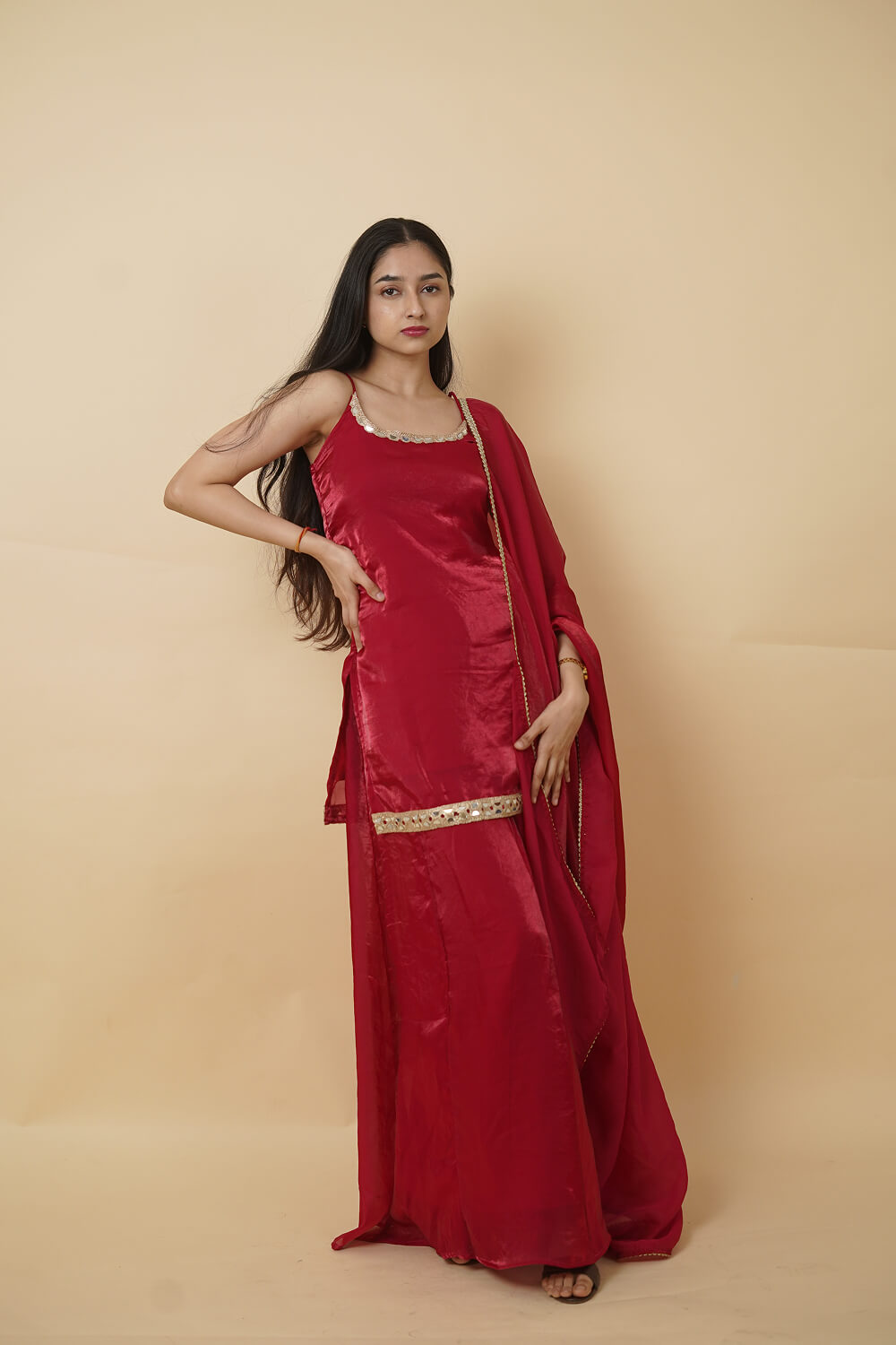 Red 3-Piece Ethnic Set in Fandy Fabric