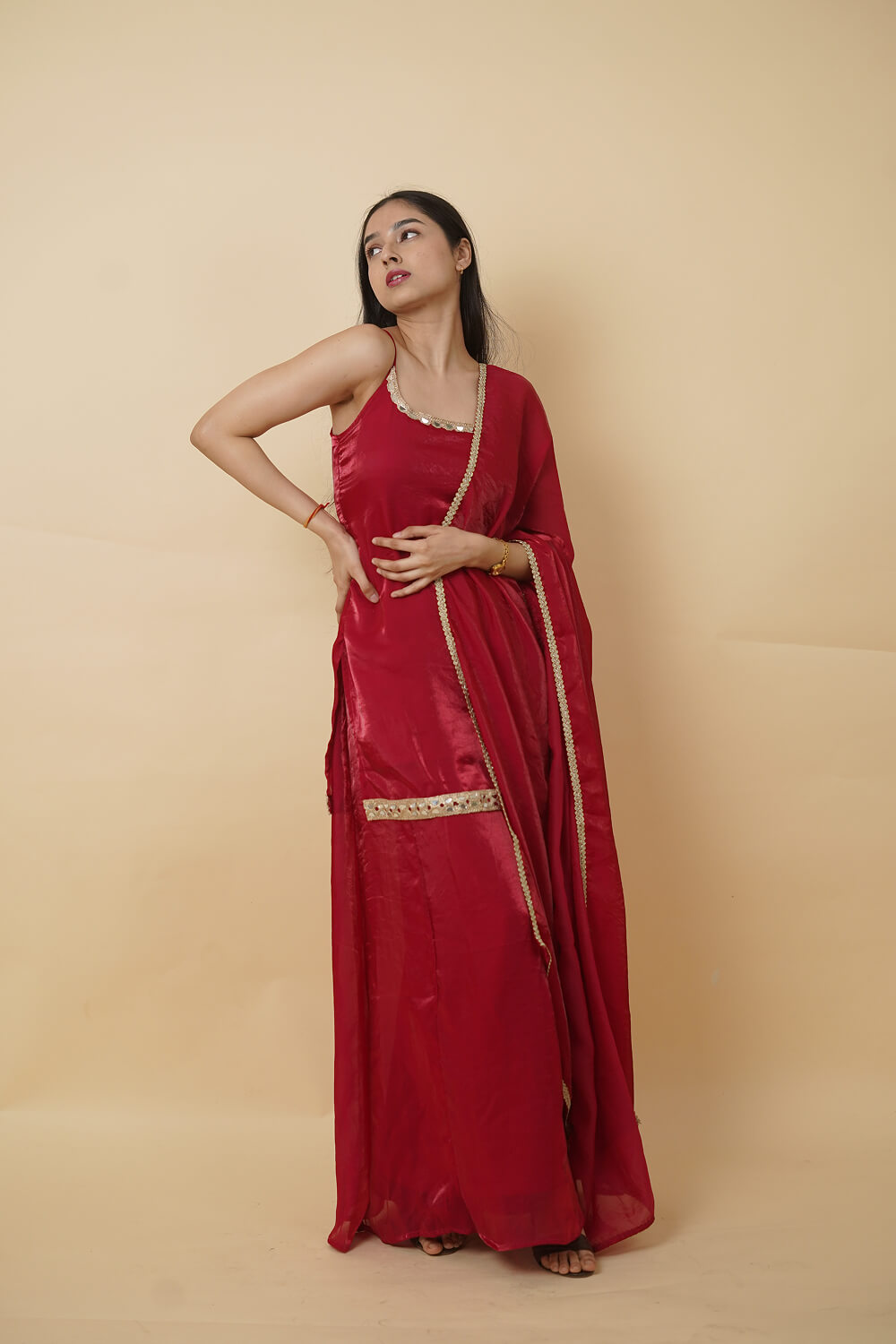 Red 3-Piece Ethnic Set in Fandy Fabric
