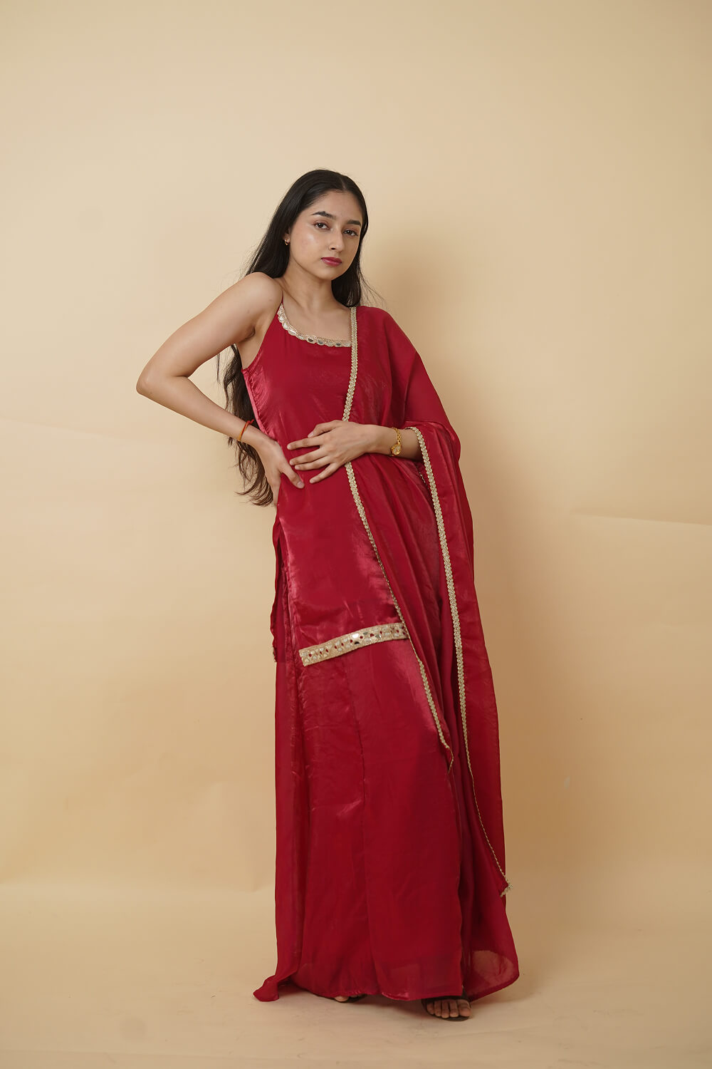 Red 3-Piece Ethnic Set in Fandy Fabric