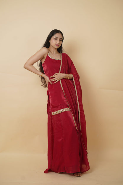 Red 3-Piece Ethnic Set in Fandy Fabric