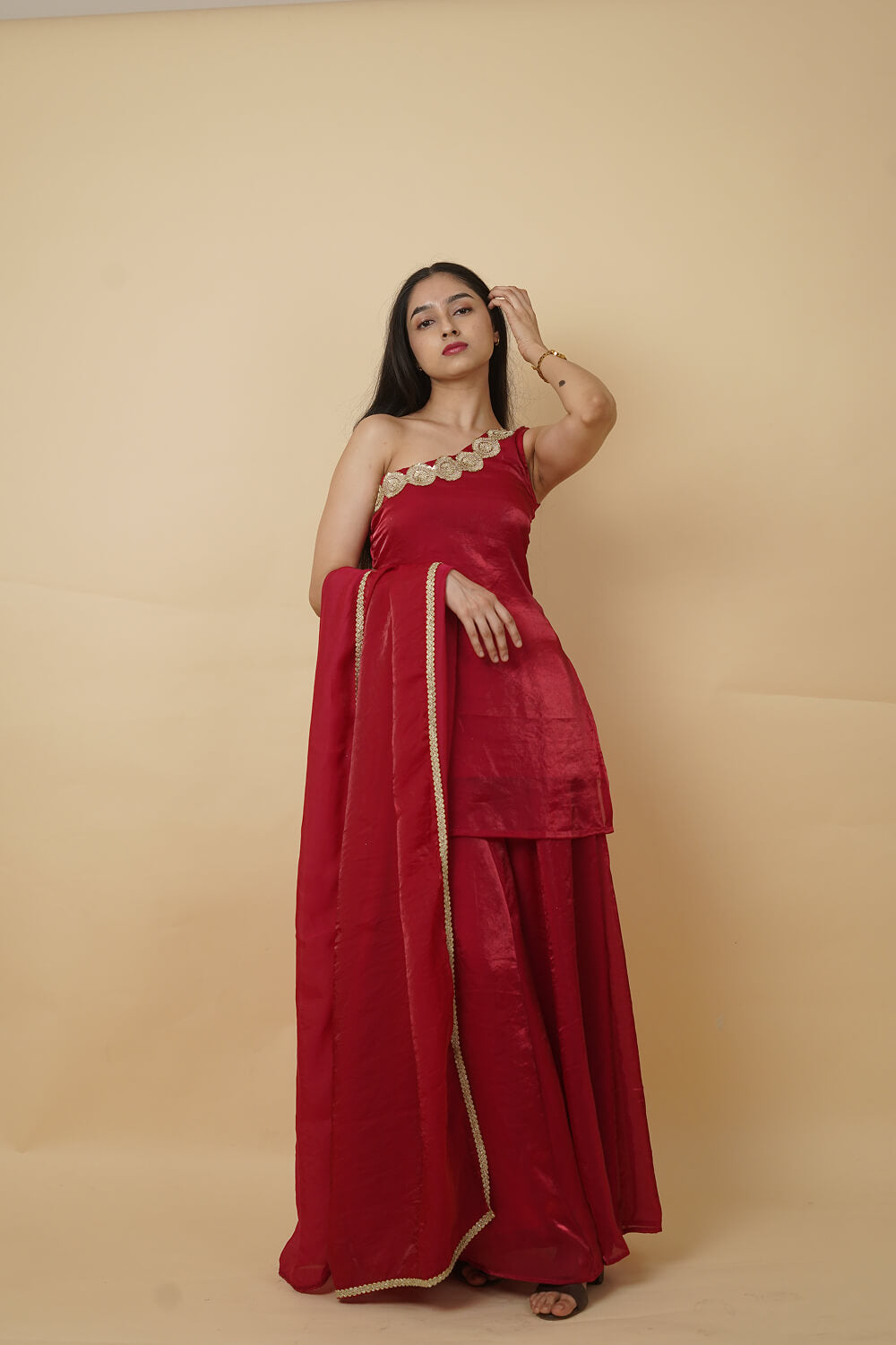 Red One Sided Anarkali Suit with Dupatta