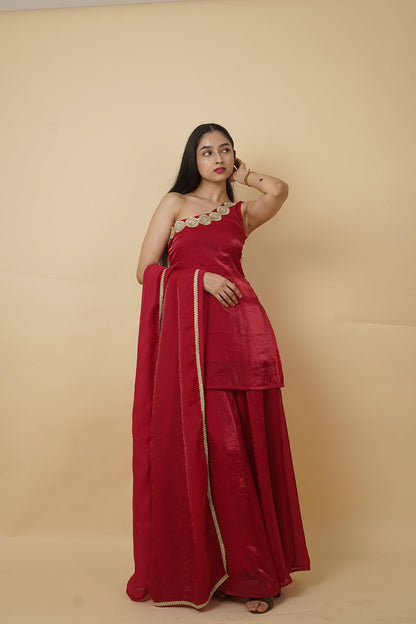 Red One Sided Anarkali Suit with Dupatta