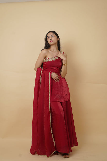 Red One Sided Anarkali Suit with Dupatta