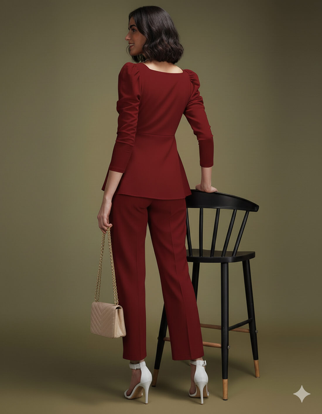 Red Solid Puff Sleeve Jumpsuit