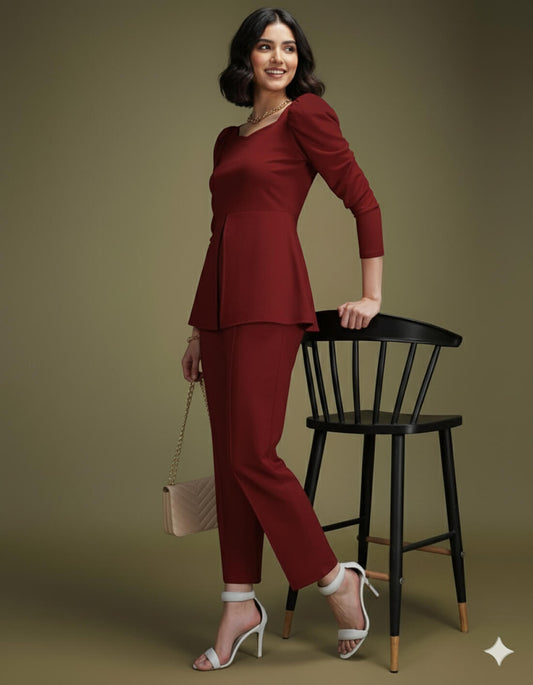 Red Solid Puff Sleeve Jumpsuit