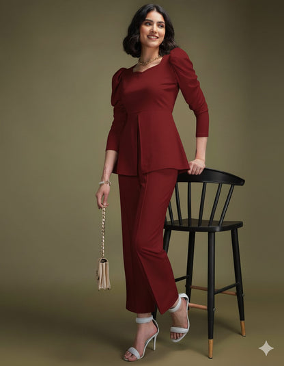 Red Solid Puff Sleeve Jumpsuit
