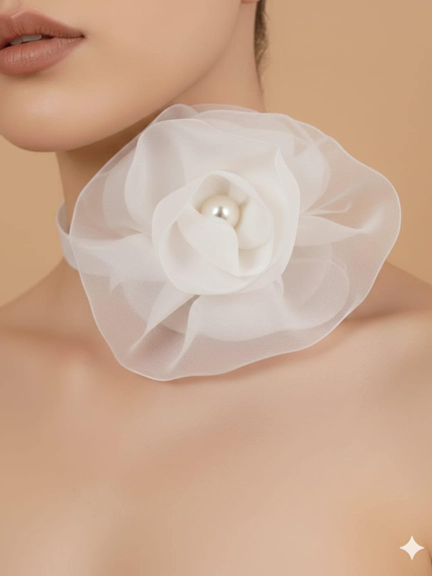 White Organza Flower Choker with Pearl