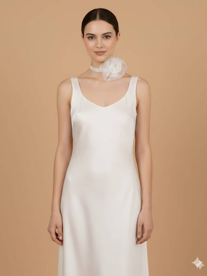 White Organza Flower Choker with Pearl