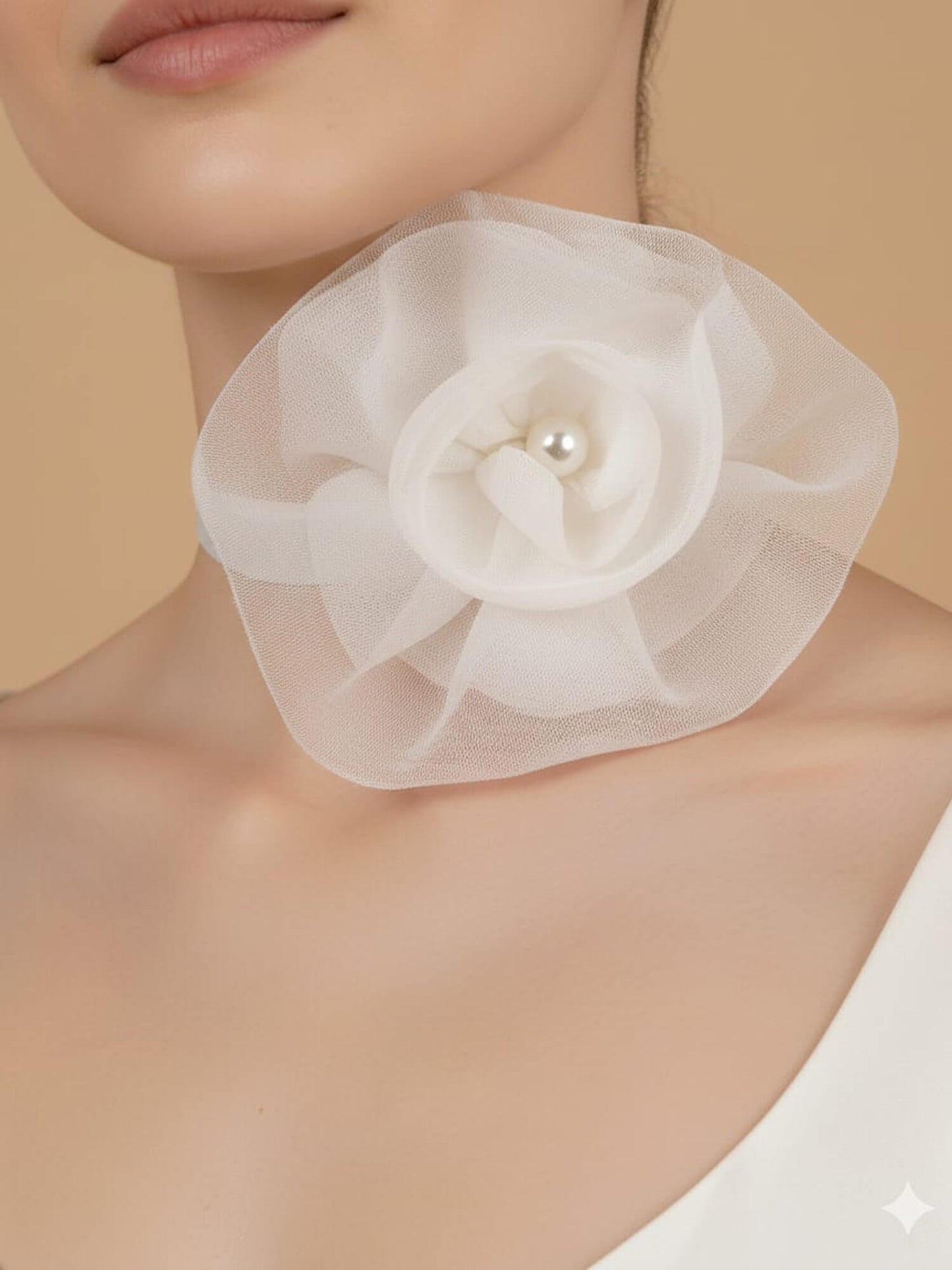 White Organza Flower Choker with Pearl