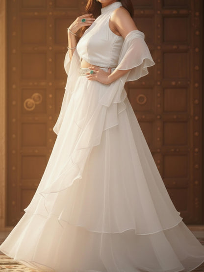 White Organza Halter Neck Lehenga Set