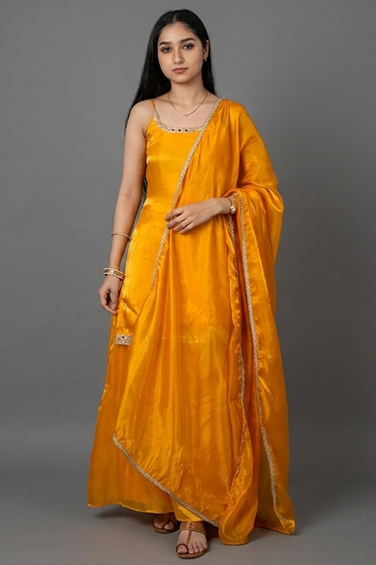 Yellow One Sided Anarkali Suit with Dupatta