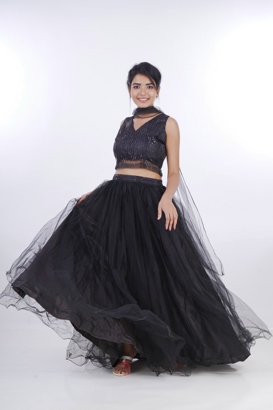 MAGNETISM Black Embellished Women Crop Top And Skirt with Dupatta
