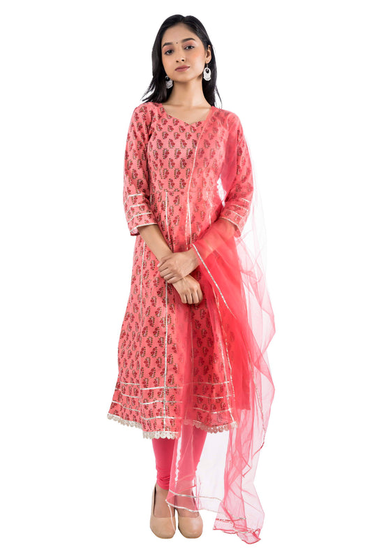 MAGNETISM PRINTED COTTON ANARKALI SUIT SET WITH DUPATTA