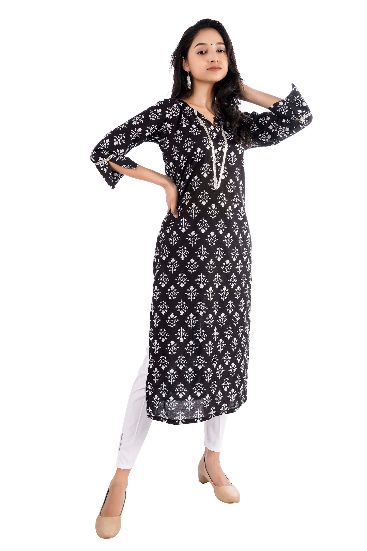 MAGNETISM Cotton Fabric Floral Printed Round Neck Kurti