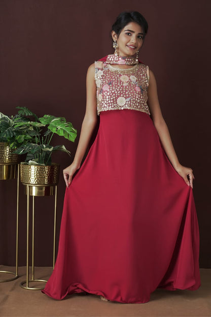 Crepe Partywear Gown With Crop Top And Dupatta