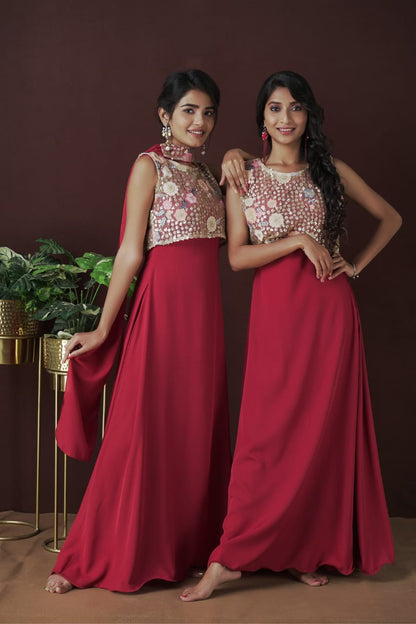 Crepe Partywear Gown With Crop Top And Dupatta