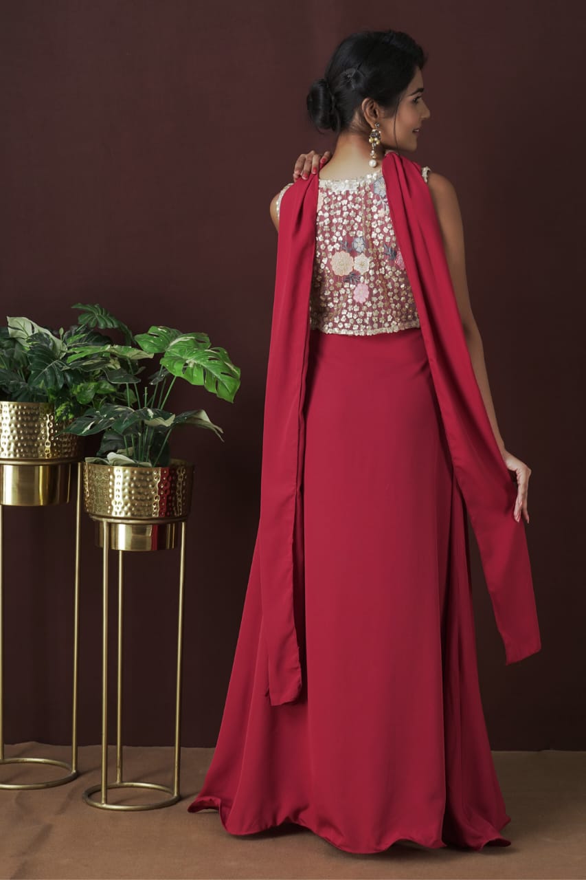 Crepe Partywear Gown With Crop Top And Dupatta