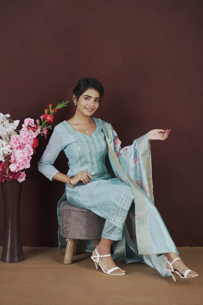 Embroidered Suit Set With Digital Print Silk Dupatta